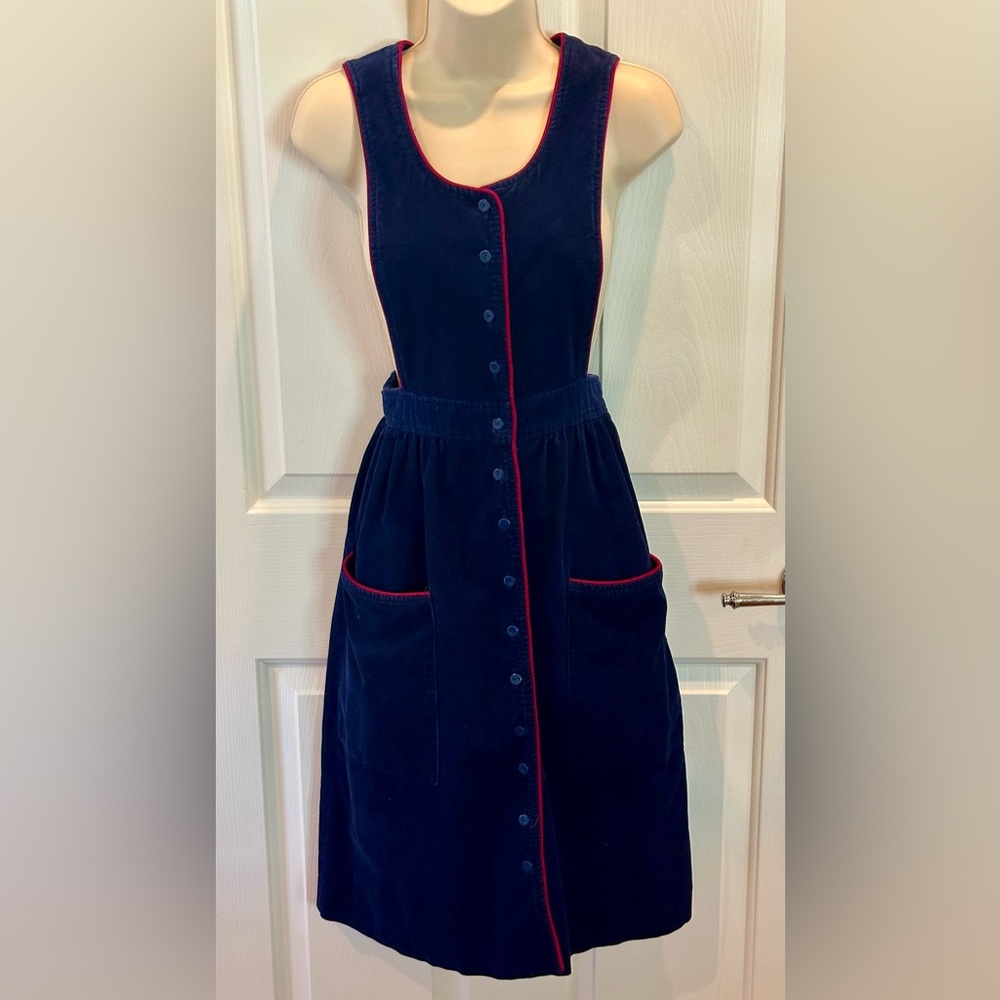 Vintage Girls Corduroy Jumper Size 7/8 Blue w/Red Trim Pockets Buttons Tie Belt